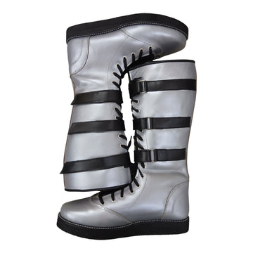 Handmade Leather Pro Wrestling Boots: Silver with Black Straps