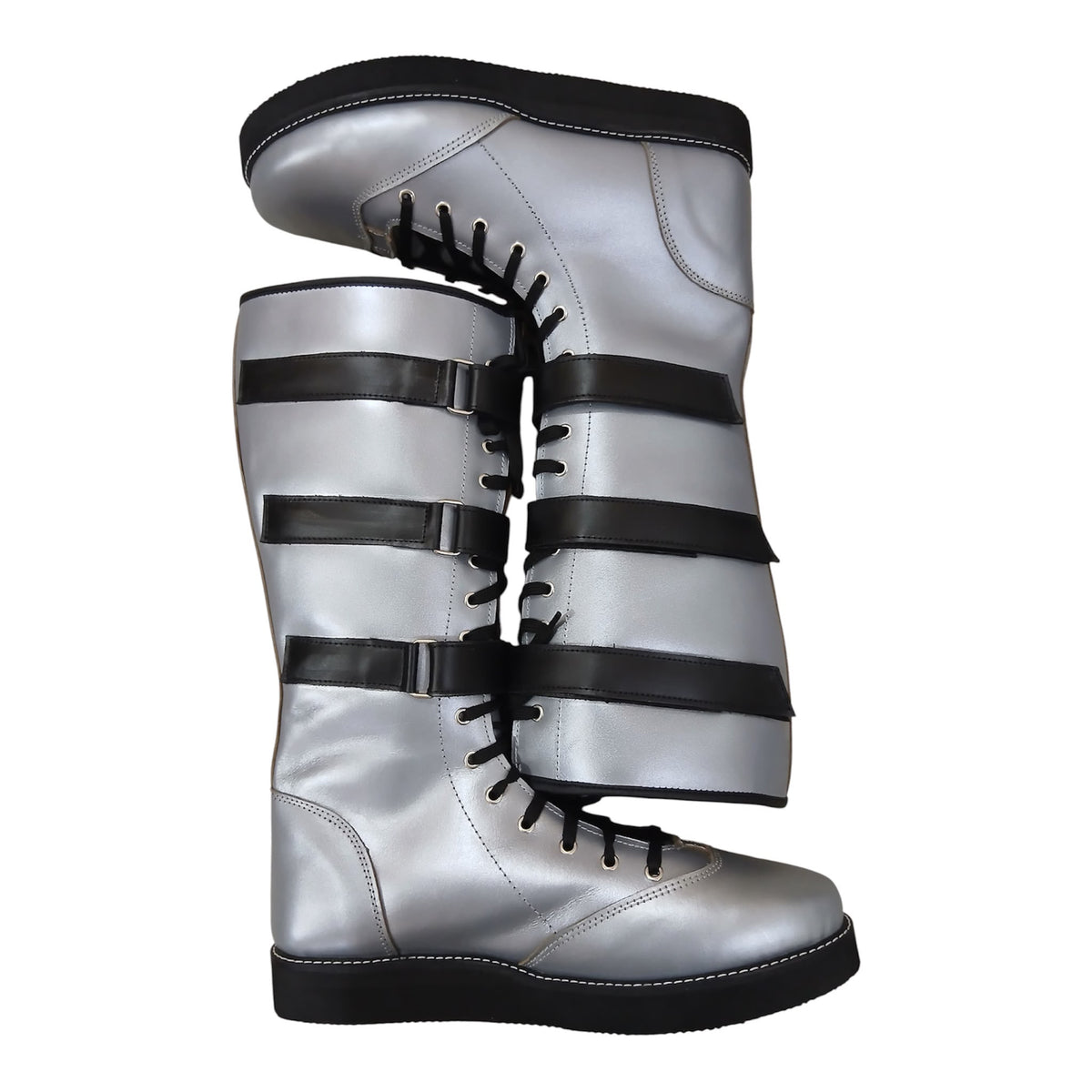 Handmade Leather Pro Wrestling Boots: Silver with Black Straps