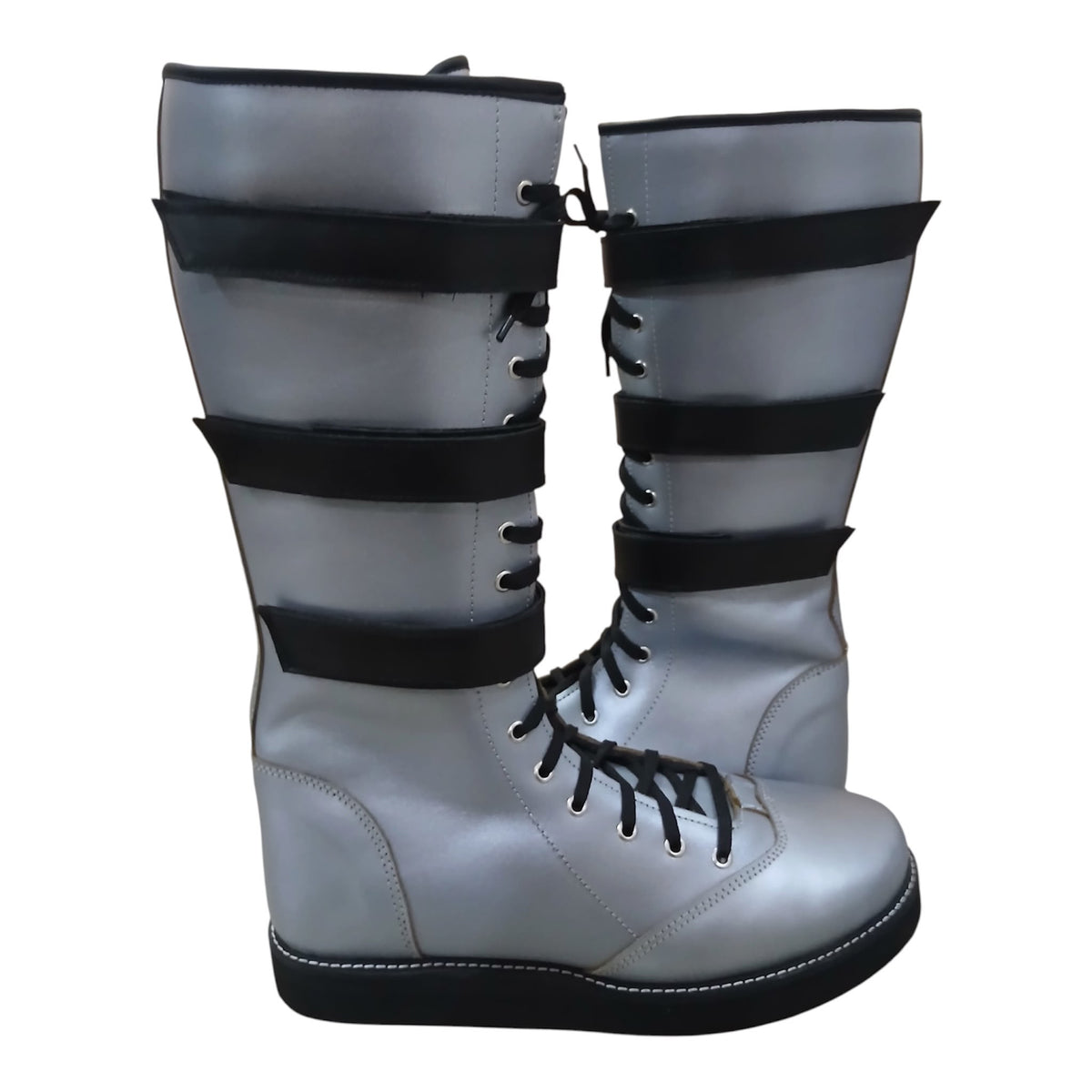 Handmade Leather Pro Wrestling Boots: Silver with Black Straps