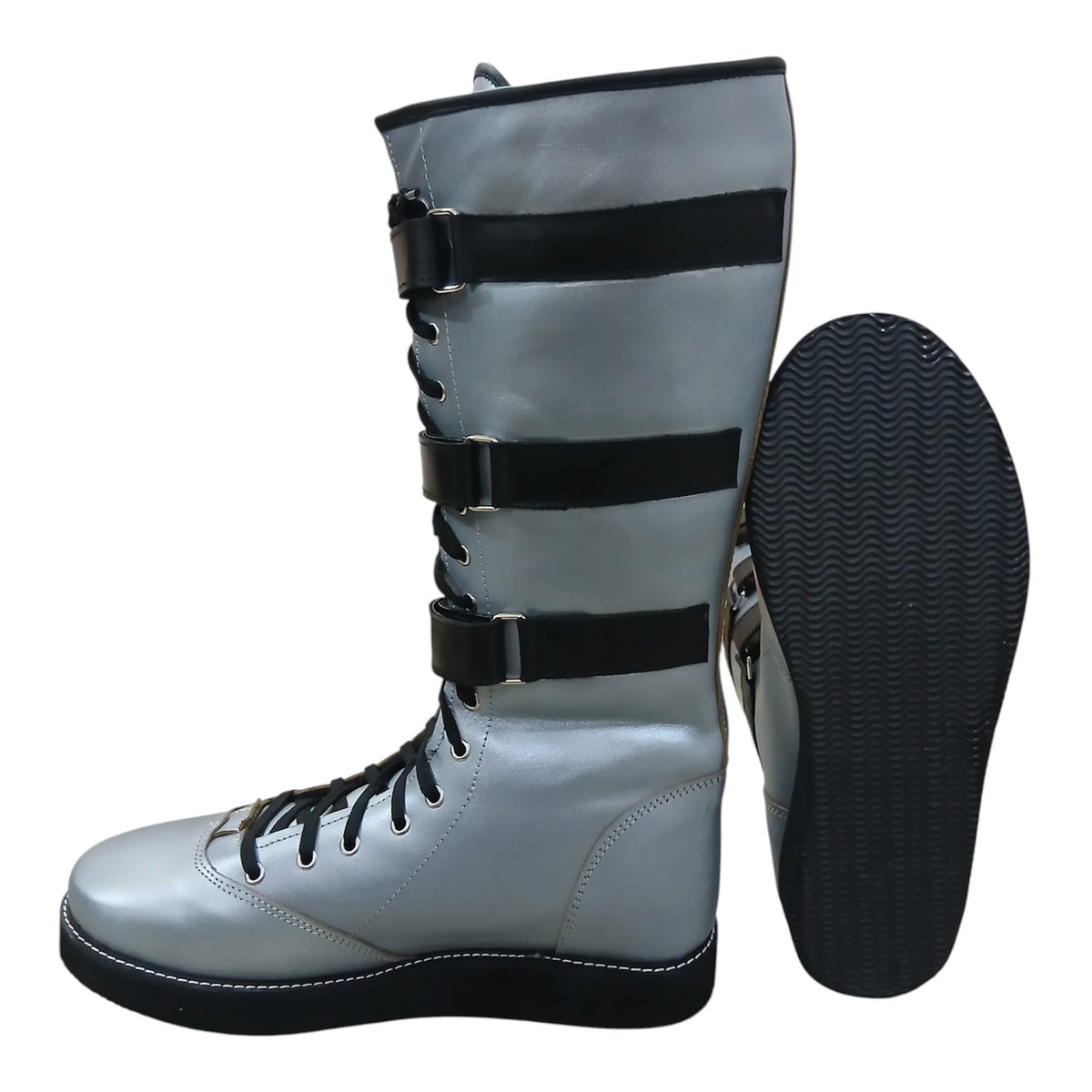 Handmade Leather Pro Wrestling Boots: Silver with Black Straps