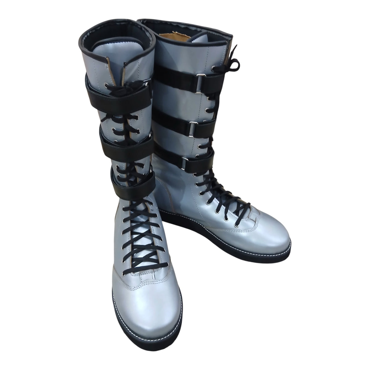 Handmade Leather Pro Wrestling Boots: Silver with Black Straps