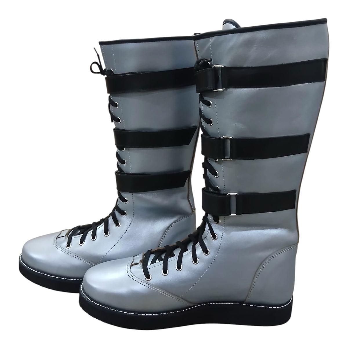 Handmade Leather Pro Wrestling Boots: Silver with Black Straps