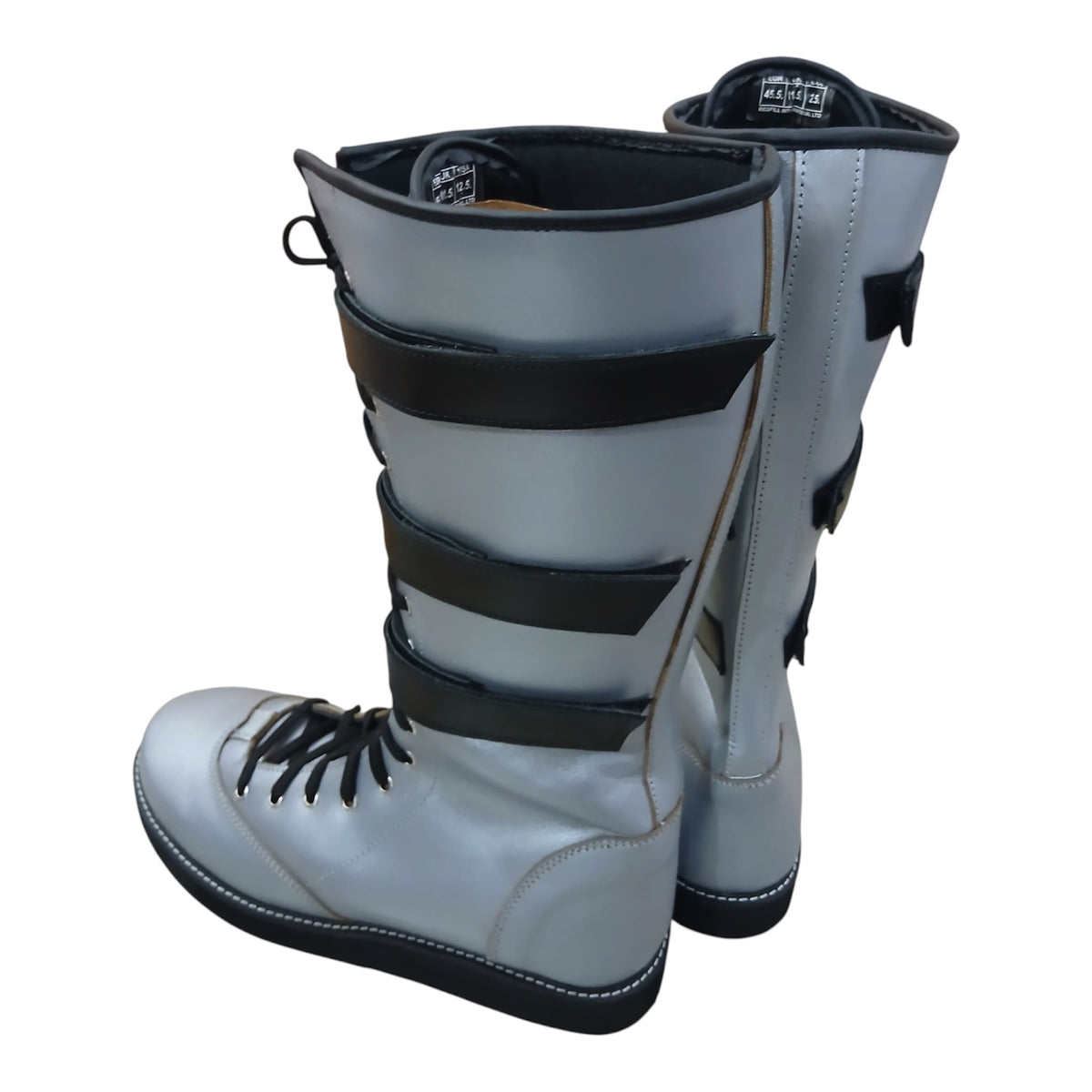 Handmade Leather Pro Wrestling Boots: Silver with Black Straps