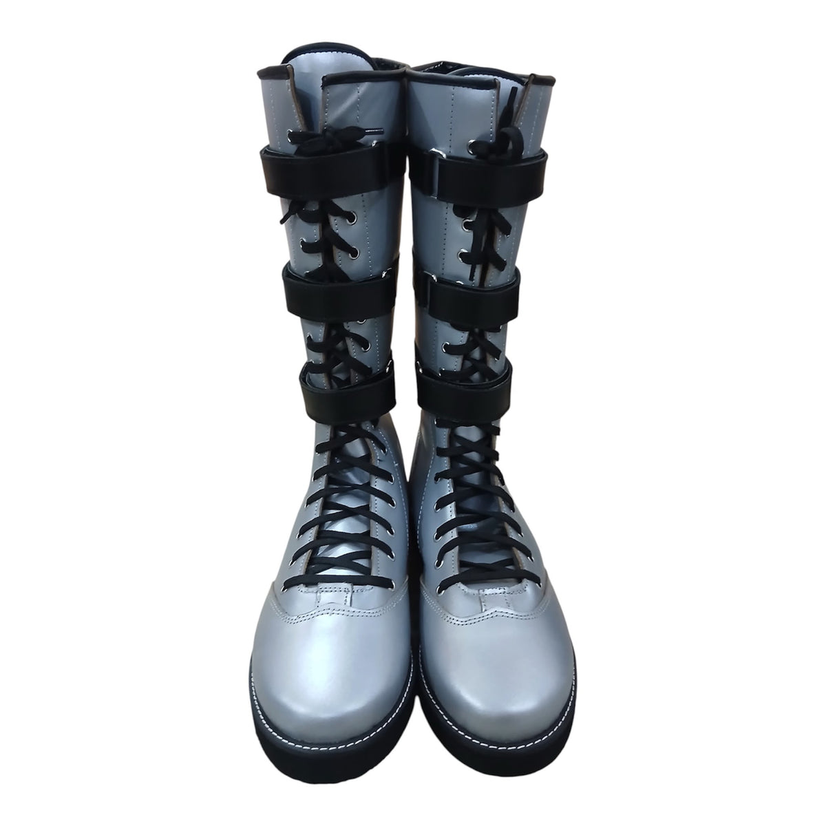 Handmade Leather Pro Wrestling Boots: Silver with Black Straps