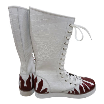 Professionele Stoeistewels, Handgemaak, 100% Oorspronklike Leer, Wit Crocs-patroon en Swart Vuur-styl, Aanpasbare kleure