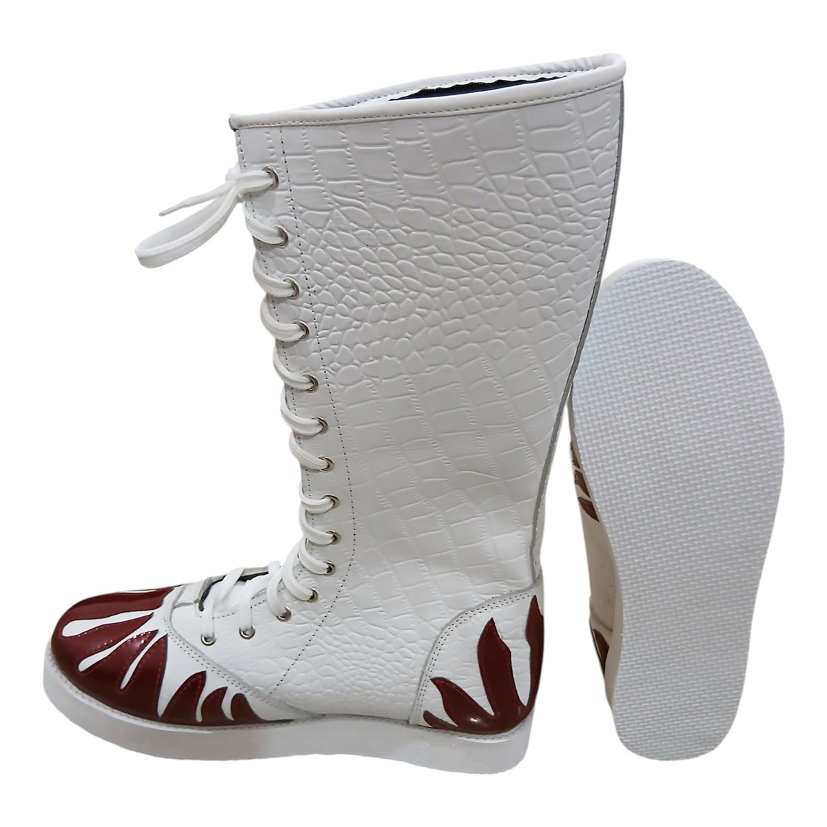 Professionele Stoeistewels, Handgemaak, 100% Oorspronklike Leer, Wit Crocs-patroon en Swart Vuur-styl, Aanpasbare kleure