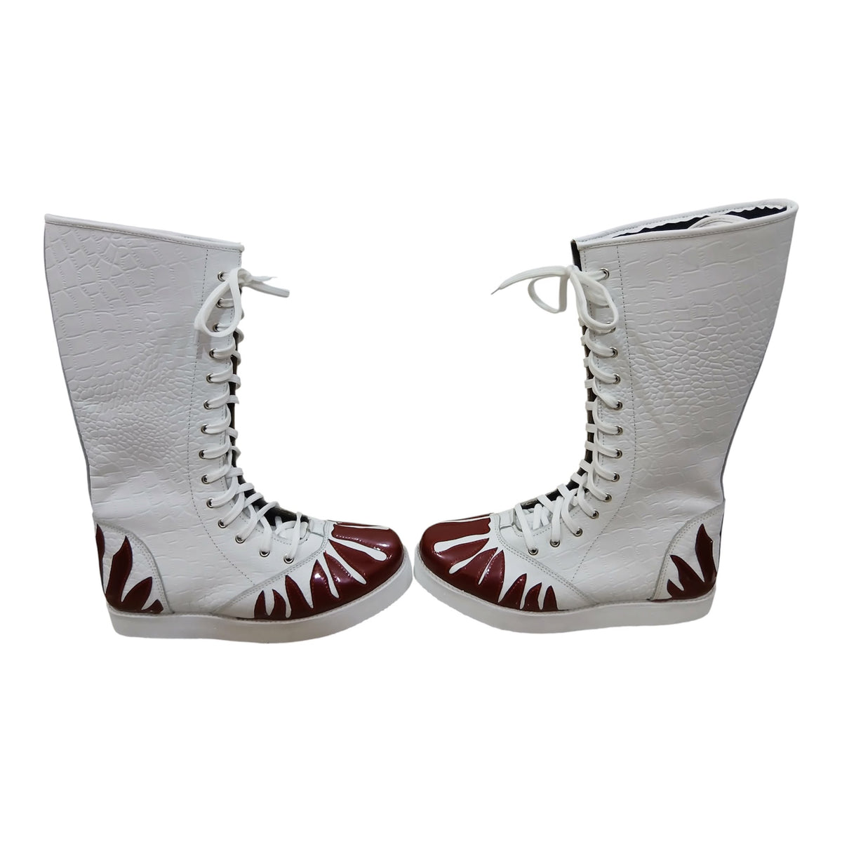 Professionele Stoeistewels, Handgemaak, 100% Oorspronklike Leer, Wit Crocs-patroon en Swart Vuur-styl, Aanpasbare kleure