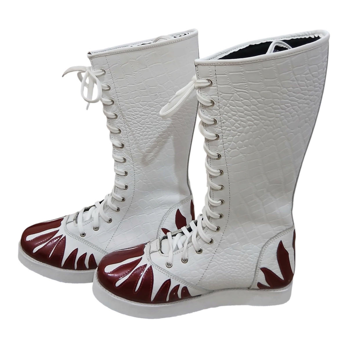 Professionele Stoeistewels, Handgemaak, 100% Oorspronklike Leer, Wit Crocs-patroon en Swart Vuur-styl, Aanpasbare kleure