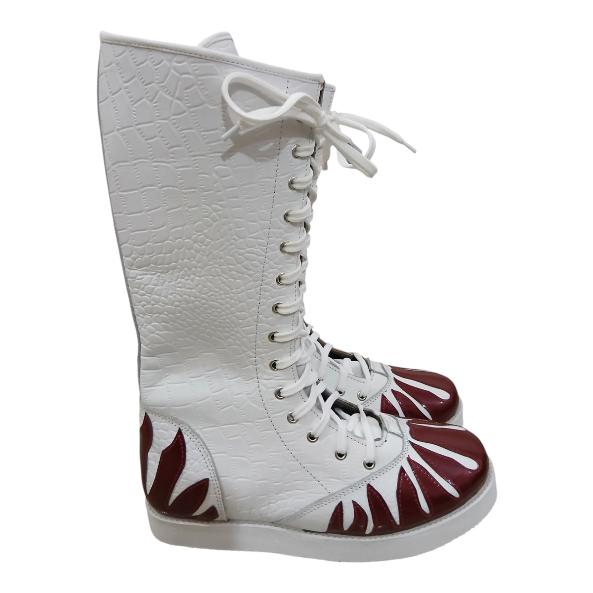 Professionele Stoeistewels, Handgemaak, 100% Oorspronklike Leer, Wit Crocs-patroon en Swart Vuur-styl, Aanpasbare kleure