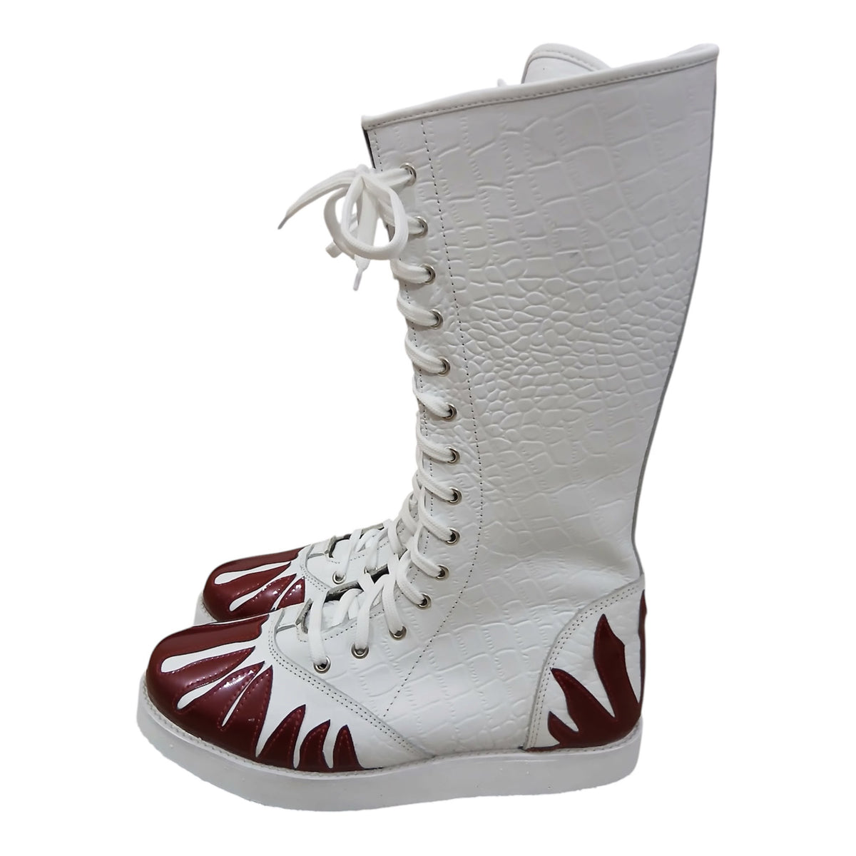 Professionele Stoeistewels, Handgemaak, 100% Oorspronklike Leer, Wit Crocs-patroon en Swart Vuur-styl, Aanpasbare kleure
