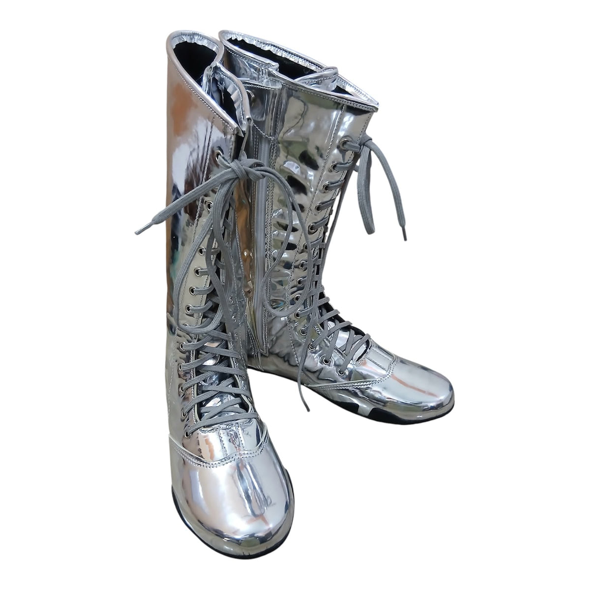 Handmade Leather Pro Wrestling Boots Patent Silver Lace-Up Zipper Flat Sole