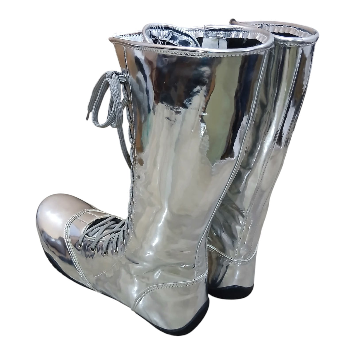 Handmade Leather Pro Wrestling Boots Patent Silver Lace-Up Zipper Flat Sole