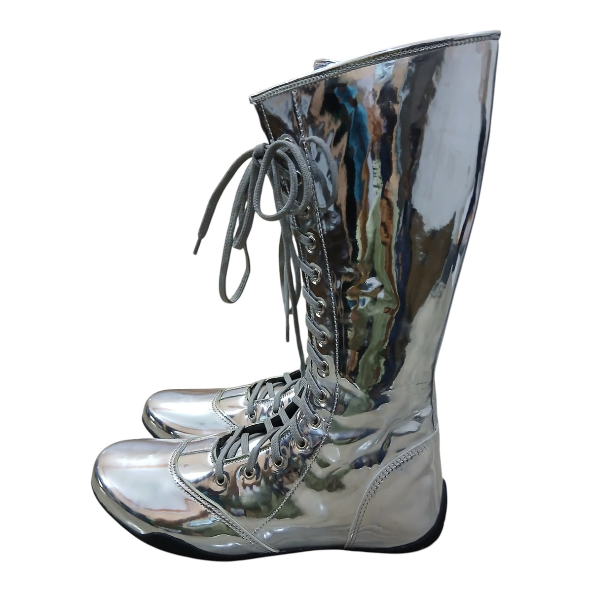 Handmade Leather Pro Wrestling Boots Patent Silver Lace-Up Zipper Flat Sole