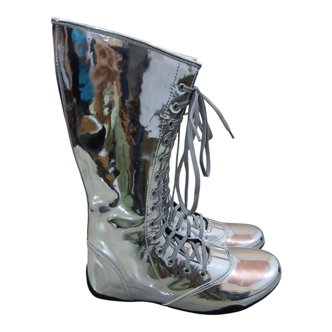 Handmade Leather Pro Wrestling Boots Patent Silver Lace-Up Zipper Flat Sole
