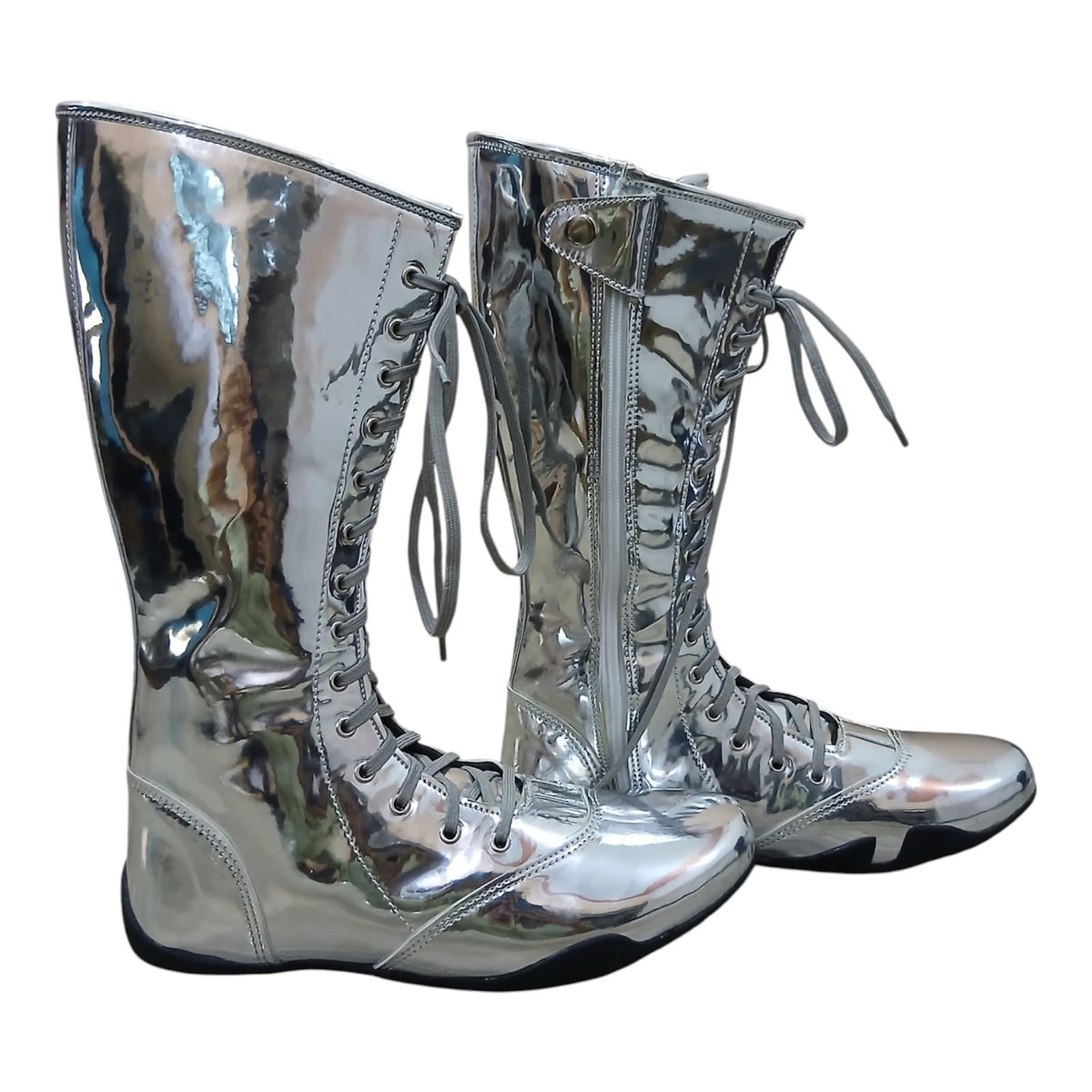 Handmade Leather Pro Wrestling Boots Patent Silver Lace-Up Zipper Flat Sole