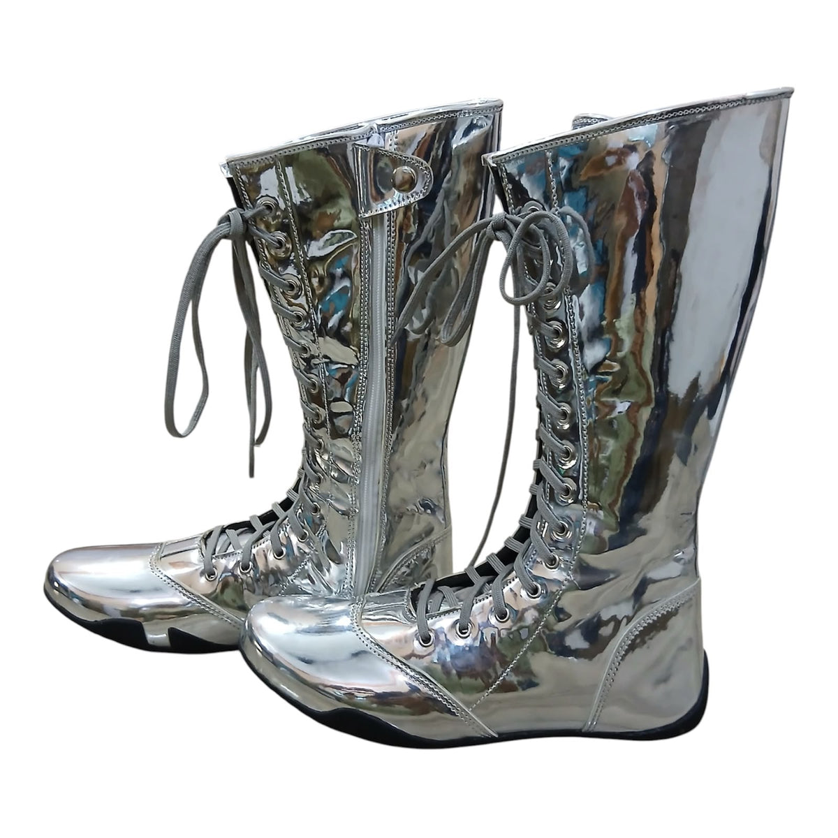 Handmade Leather Pro Wrestling Boots Patent Silver Lace-Up Zipper Flat Sole