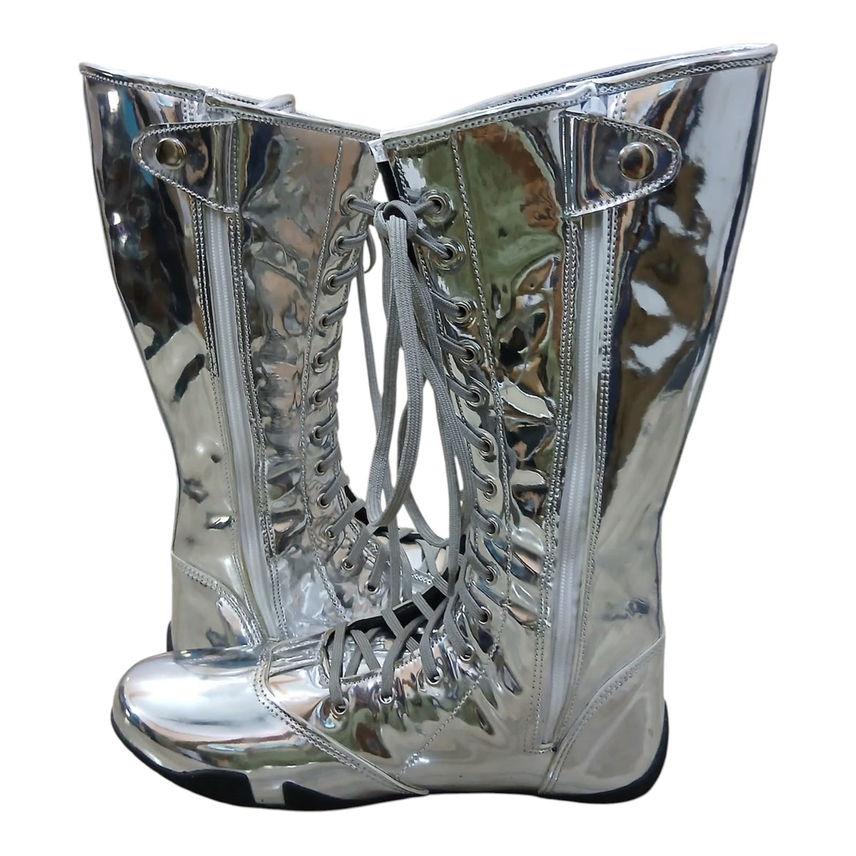 Handmade Leather Pro Wrestling Boots Patent Silver Lace-Up Zipper Flat Sole