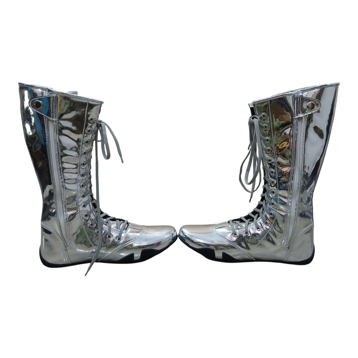 Handmade Leather Pro Wrestling Boots Patent Silver Lace-Up Zipper Flat Sole