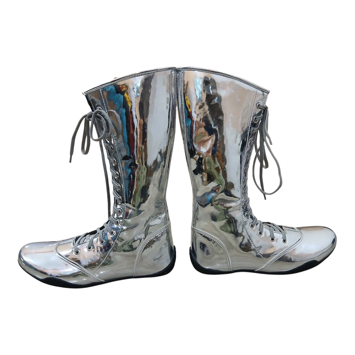 Handmade Leather Pro Wrestling Boots Patent Silver Lace-Up Zipper Flat Sole