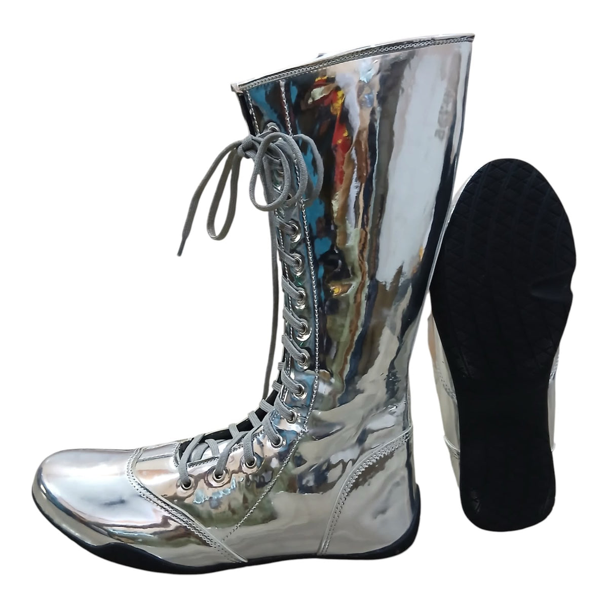 Handmade Leather Pro Wrestling Boots Patent Silver Lace-Up Zipper Flat Sole