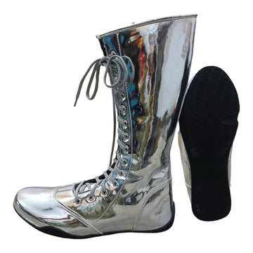 Handmade Leather Pro Wrestling Boots Patent Silver Lace-Up Zipper Flat Sole