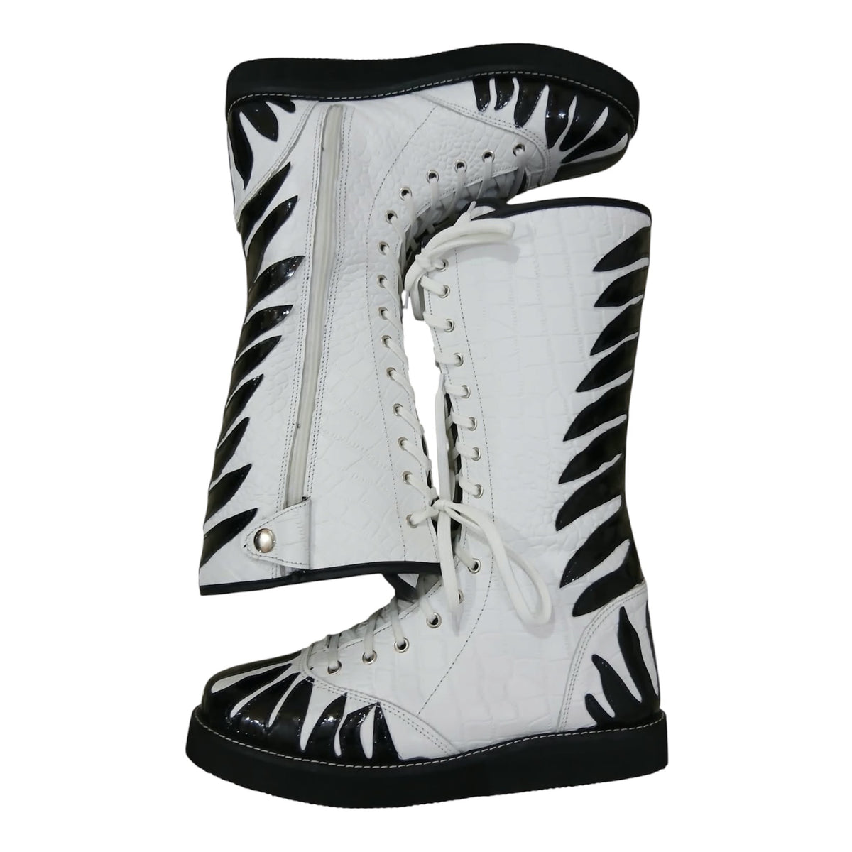 Handmade Zebra Design Wrestling Boots – Black & White Genuine Leather