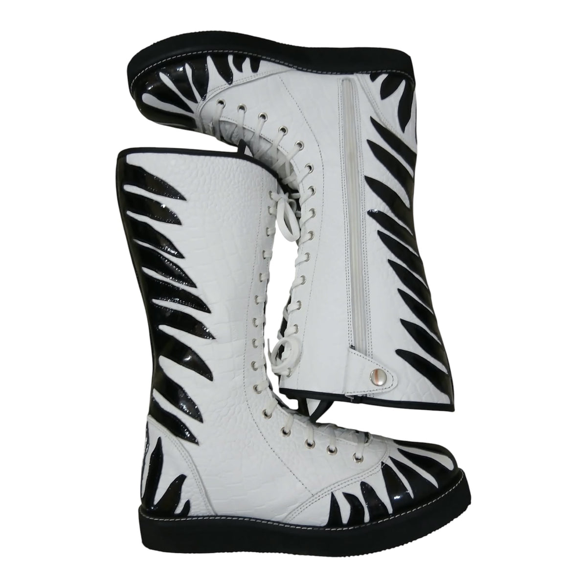 Handmade Zebra Design Wrestling Boots – Black & White Genuine Leather