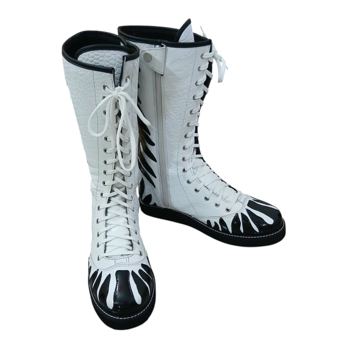 Handmade Zebra Design Wrestling Boots – Black & White Genuine Leather