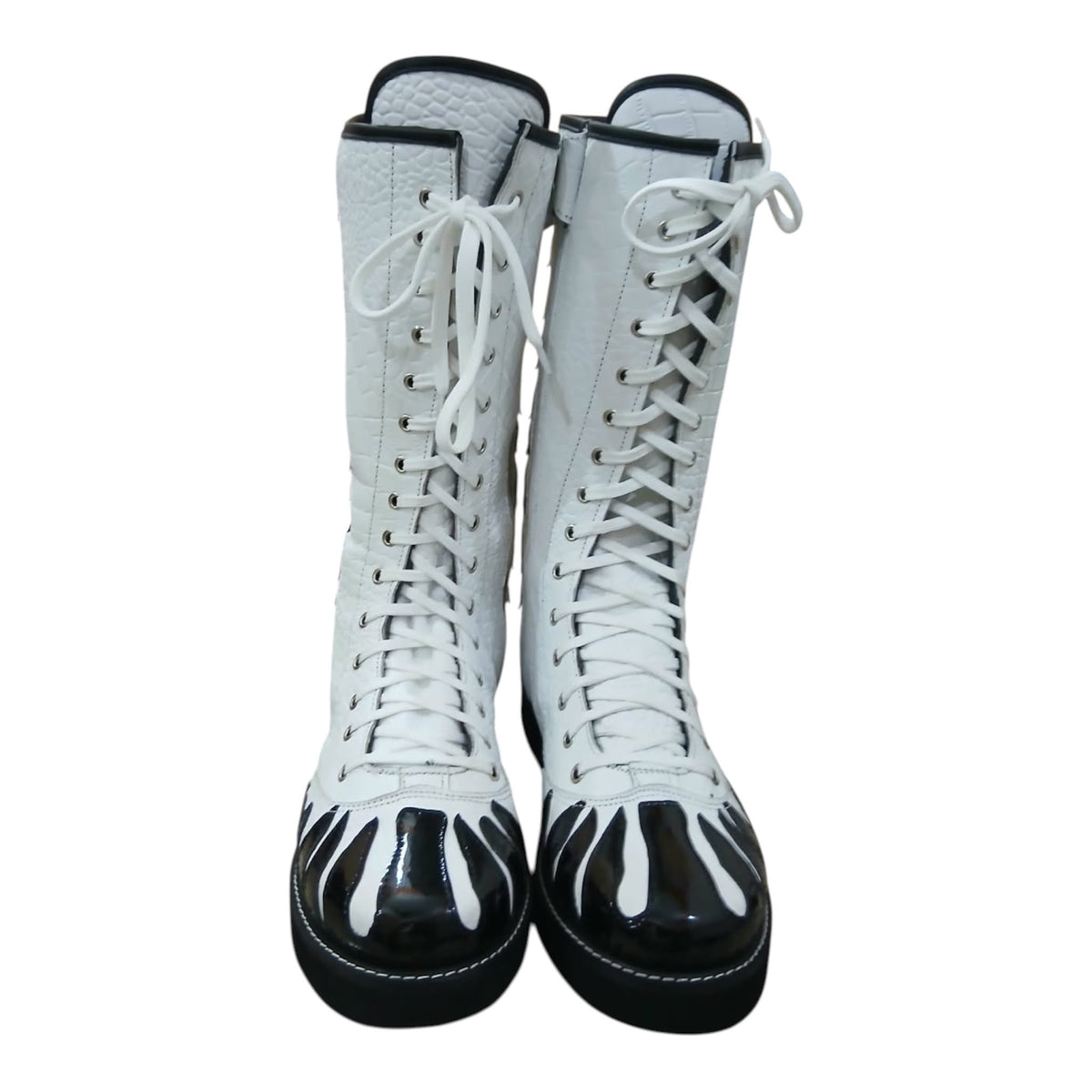 Handmade Zebra Design Wrestling Boots – Black & White Genuine Leather