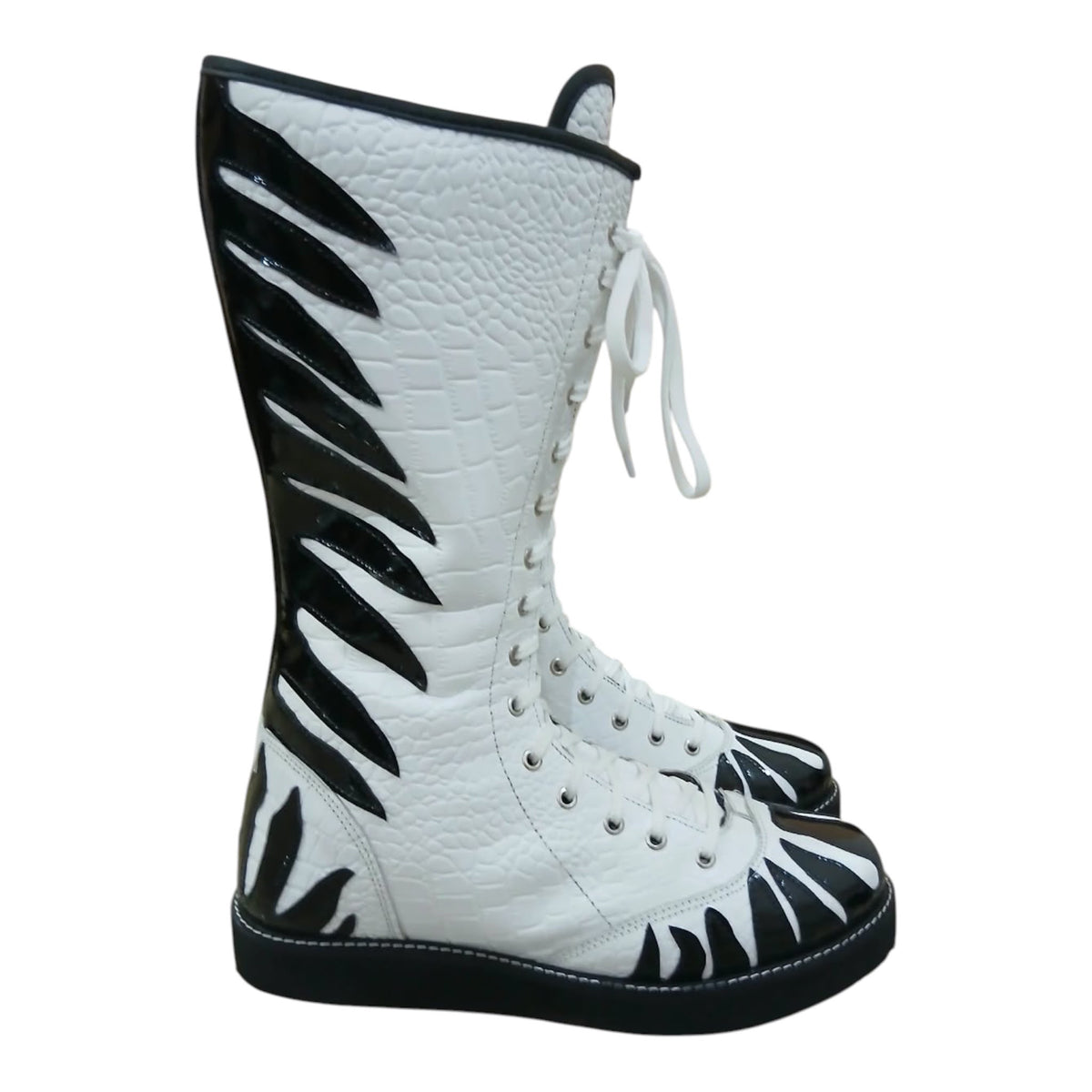 Handmade Zebra Design Wrestling Boots – Black & White Genuine Leather