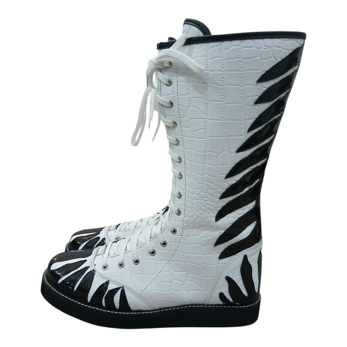 Handmade Zebra Design Wrestling Boots – Black & White Genuine Leather