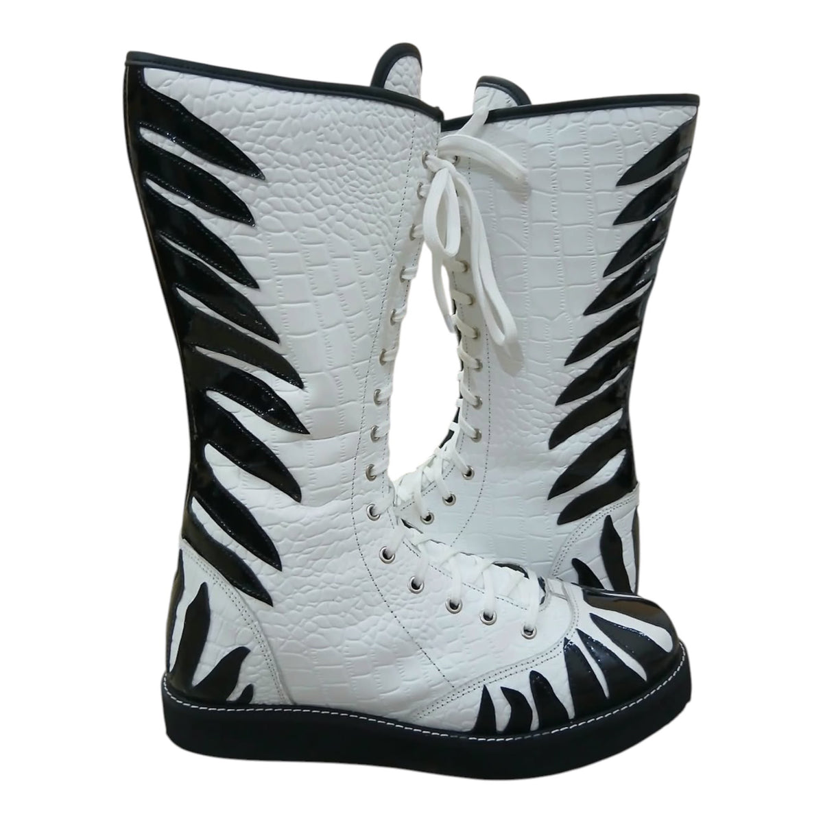 Handmade Zebra Design Wrestling Boots – Black & White Genuine Leather