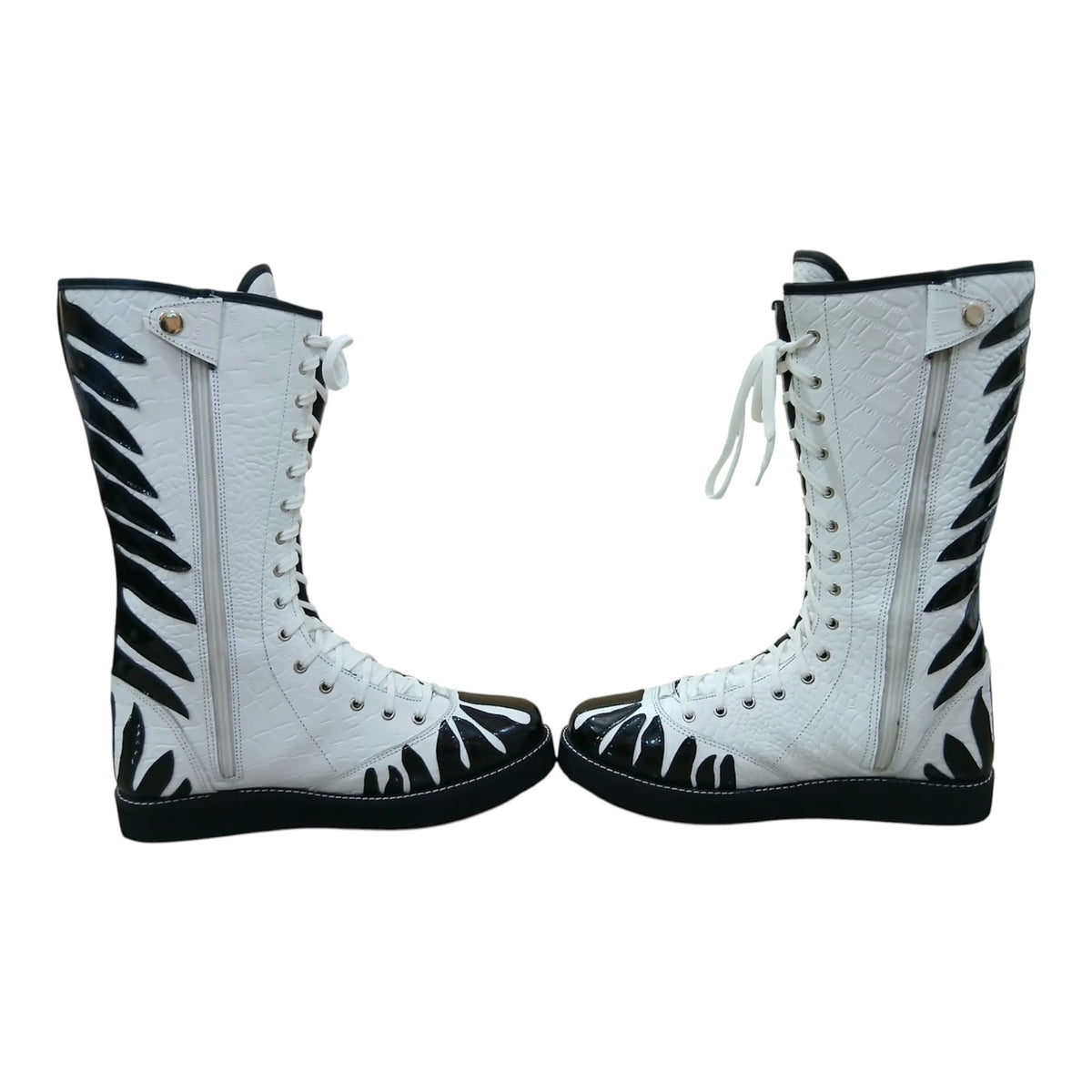 Handmade Zebra Design Wrestling Boots – Black & White Genuine Leather