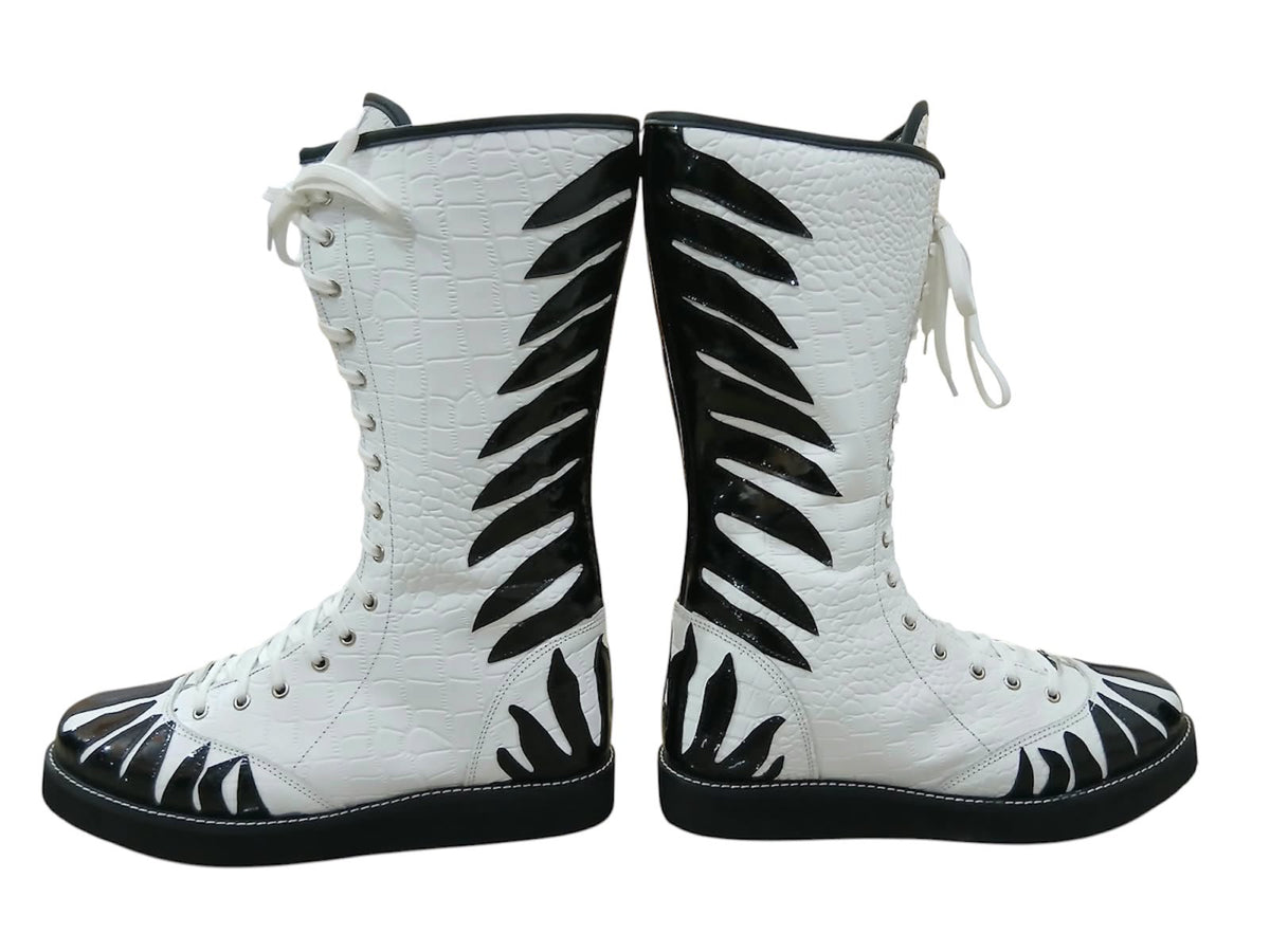 Handmade Zebra Design Wrestling Boots – Black & White Genuine Leather