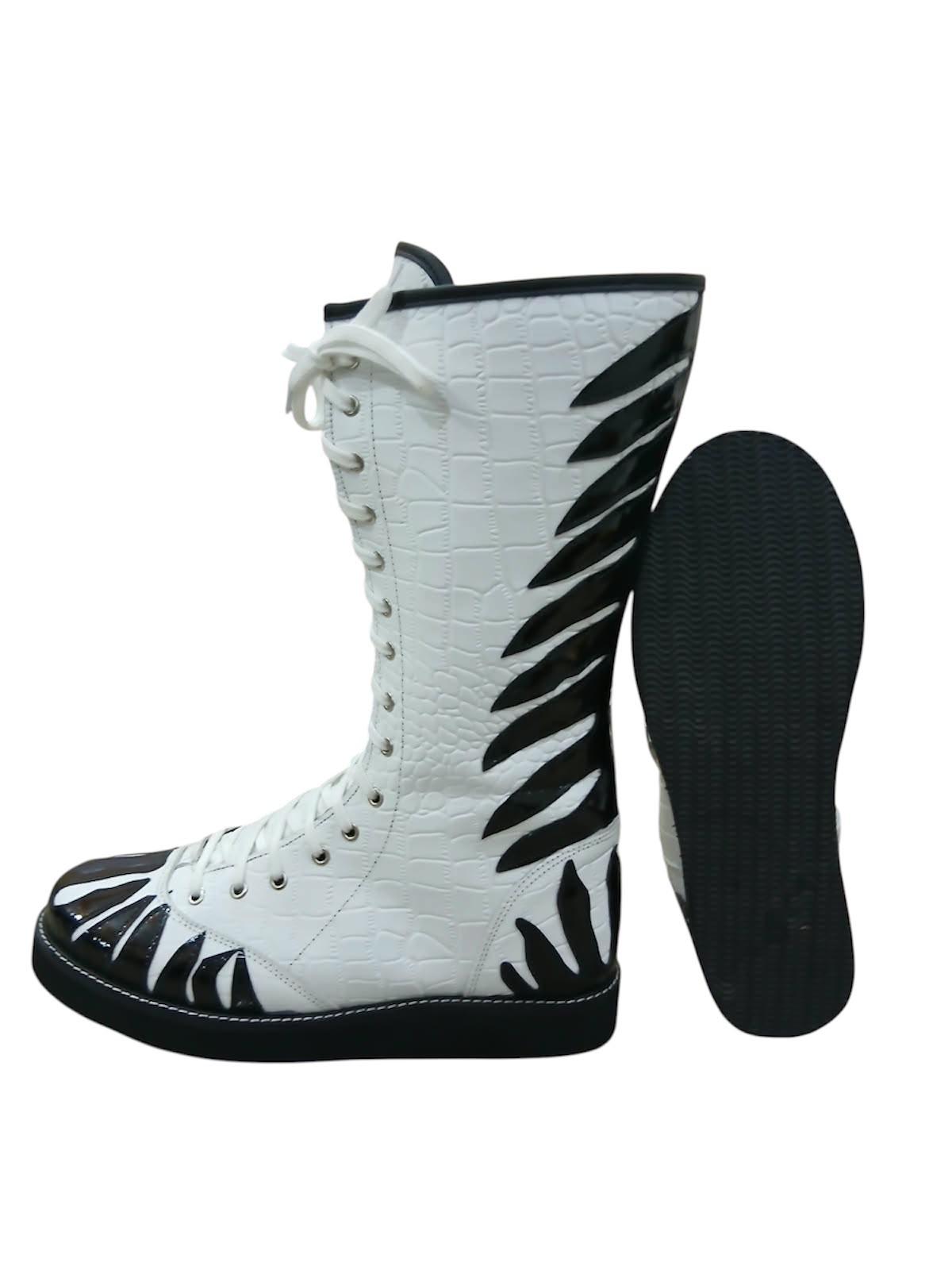 Handmade Zebra Design Wrestling Boots – Black & White Genuine Leather