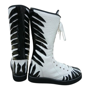 Handmade Zebra Design Wrestling Boots – Black & White Genuine Leather