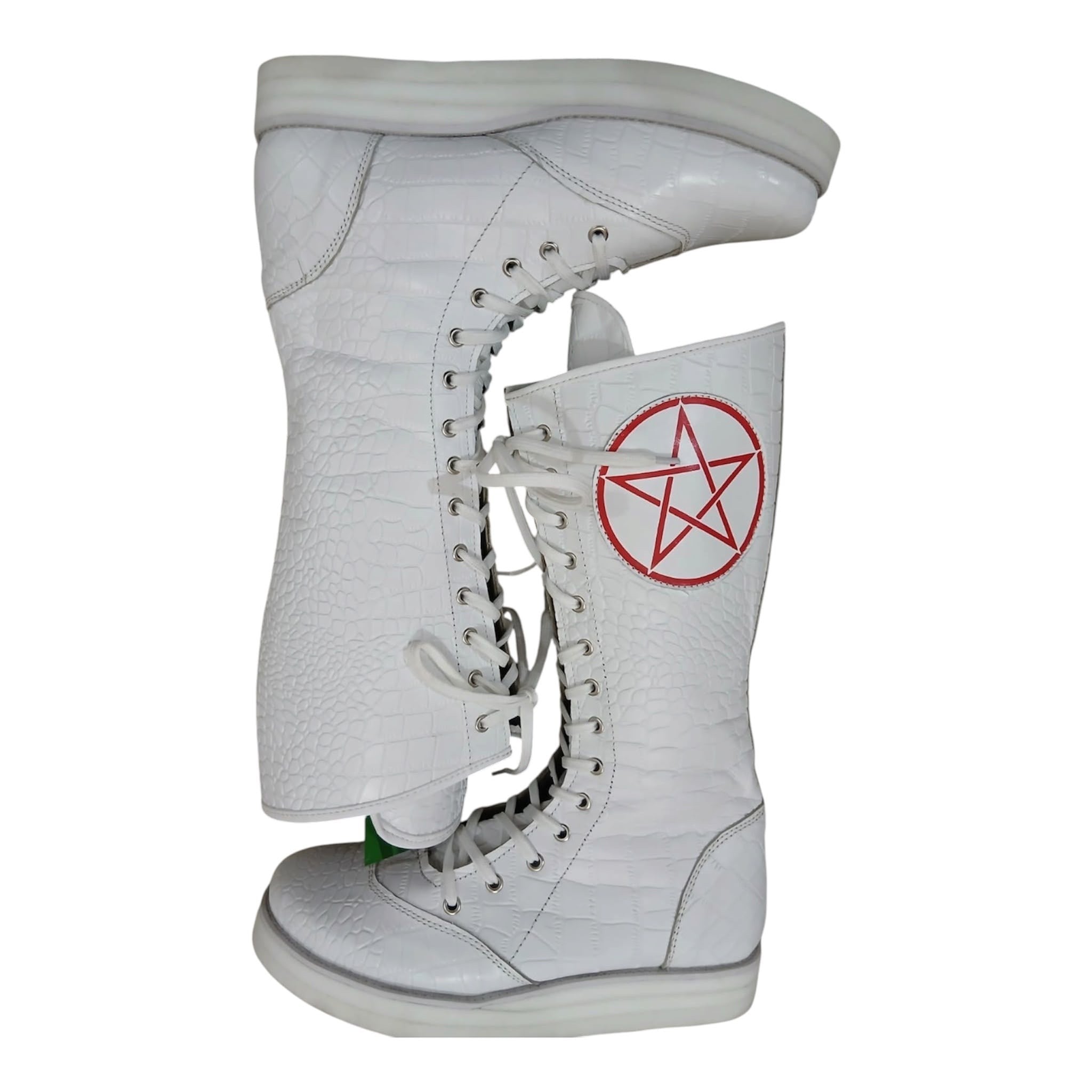 Pro Wrestling Boots, Handmade, 100% Original Leather, White Crocs Pattern, Customizable logo