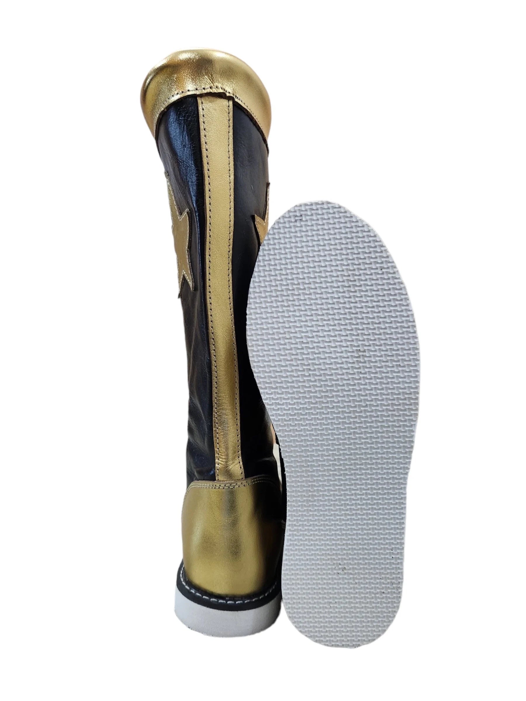 Pro Wrestling Star-stewels, handgemaak, 100% oorspronklike leer - aanpasbaar, veterstyl in swart en goud