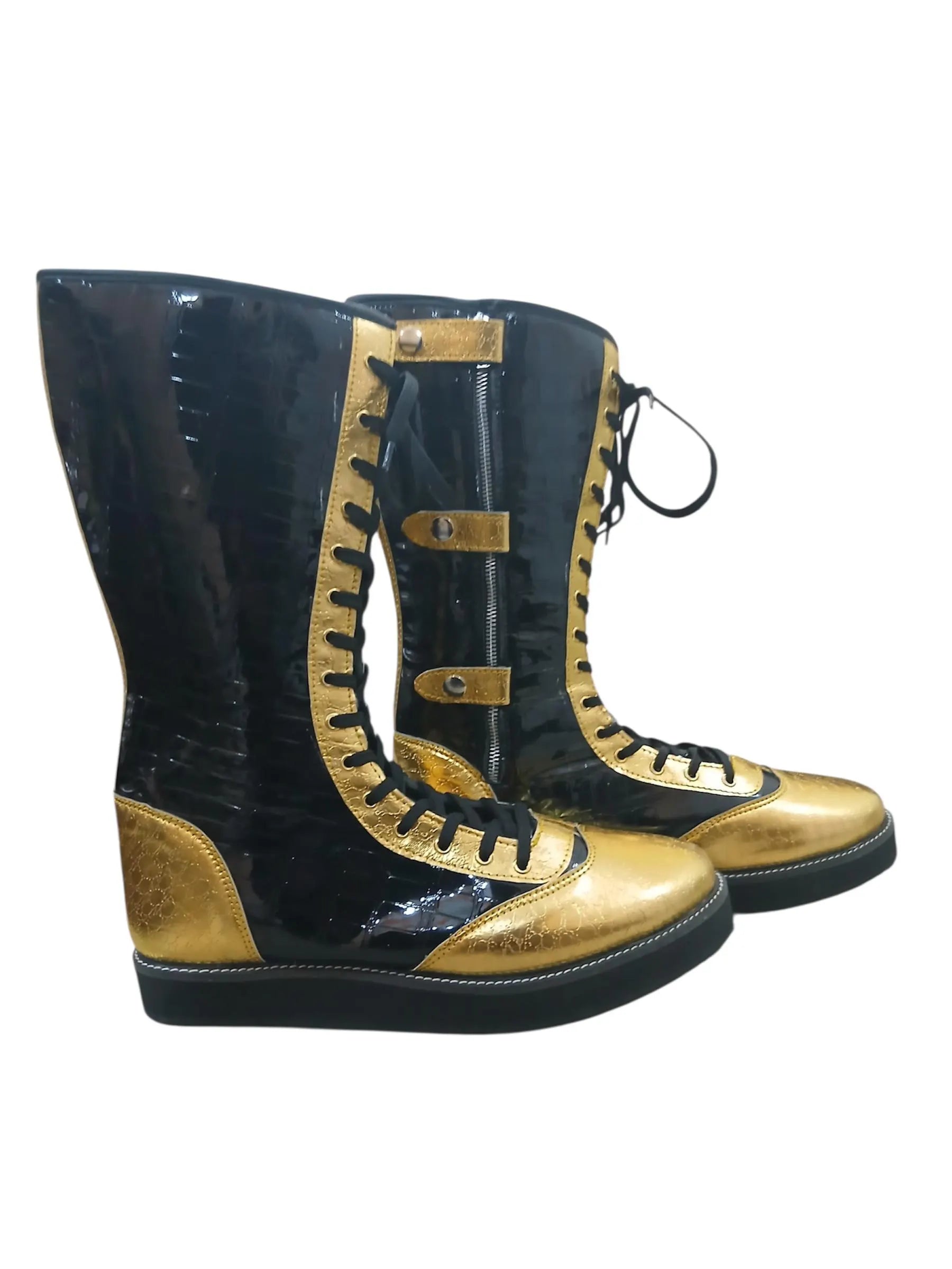 Pro Wrestling Boots, Handmade, DX Leather, Gold and black Crocs Pattern, with zipper, Customizable