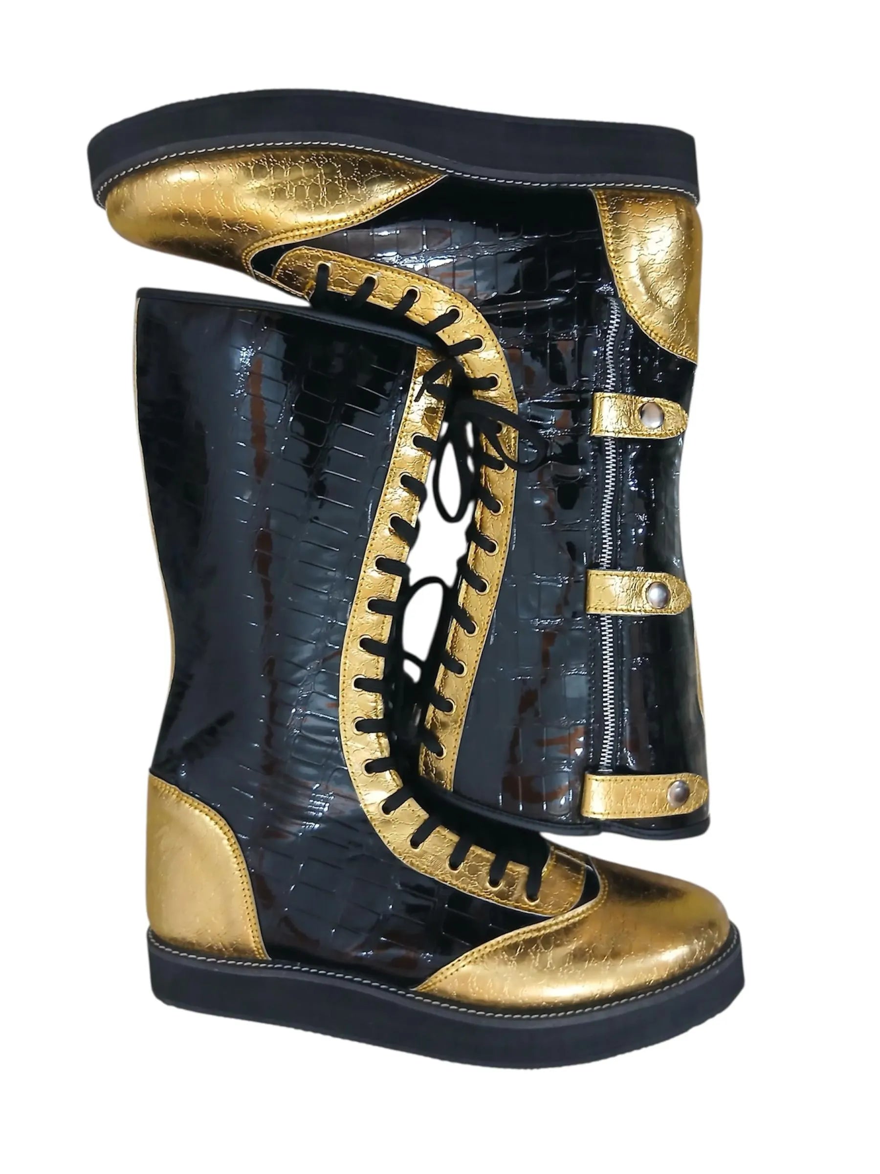 Pro Wrestling Boots, Handmade, DX Leather, Gold and black Crocs Pattern, with zipper, Customizable