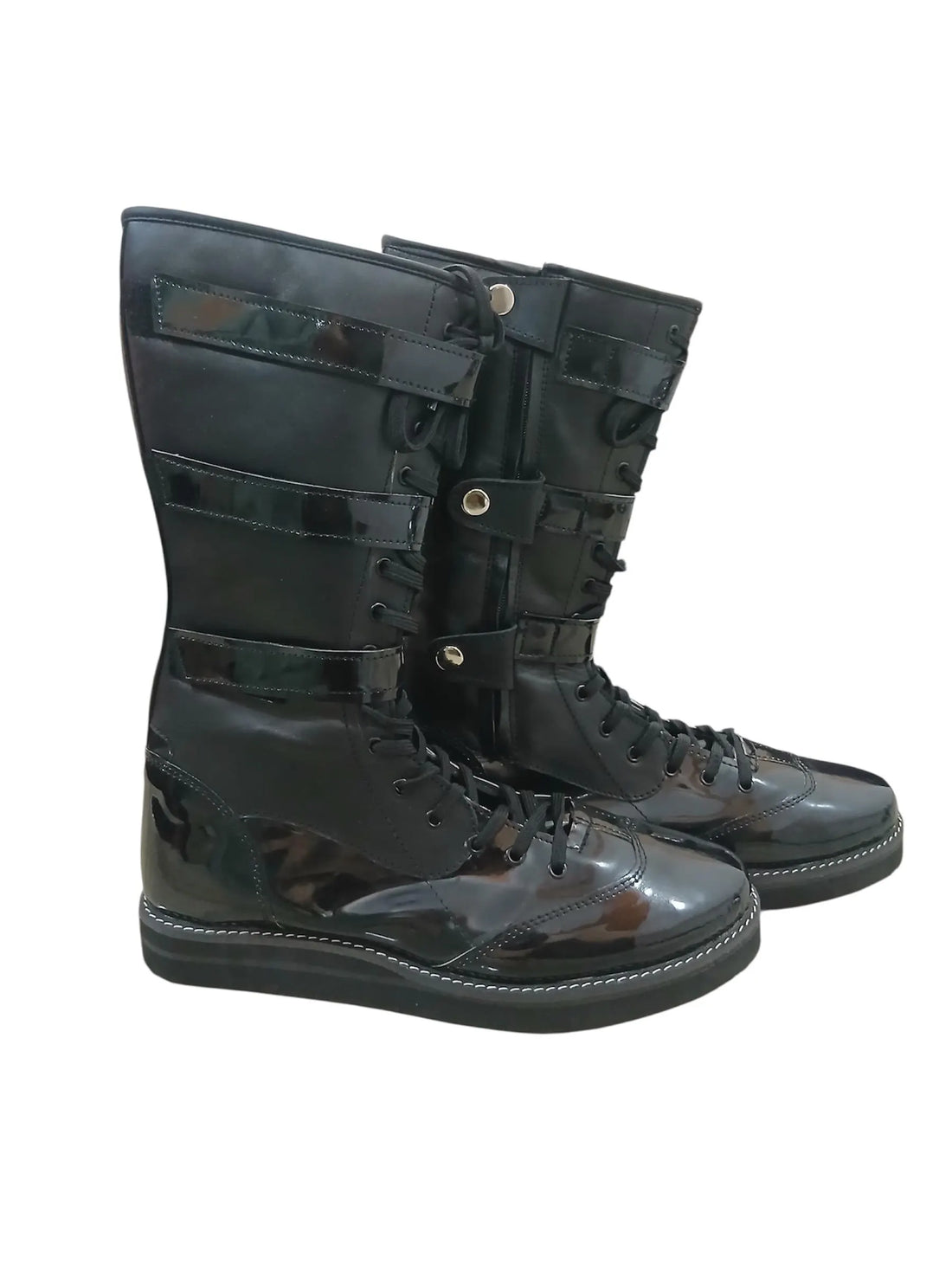 Handmade Leather Wrestling Boots: Patent & Matte Black, Lace-Up