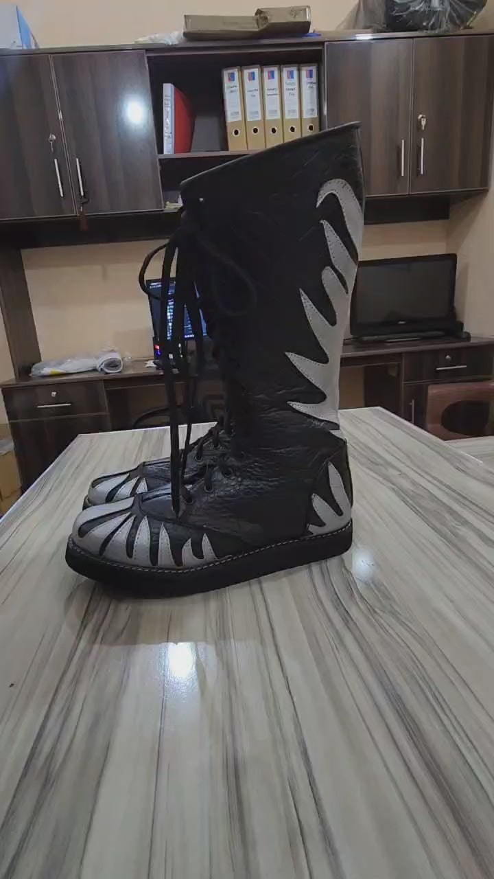 Pro Wrestling Long Boots, Handmade, 100% Original Leather Crocs Pattern , Silver Fire Style, Customizable colors