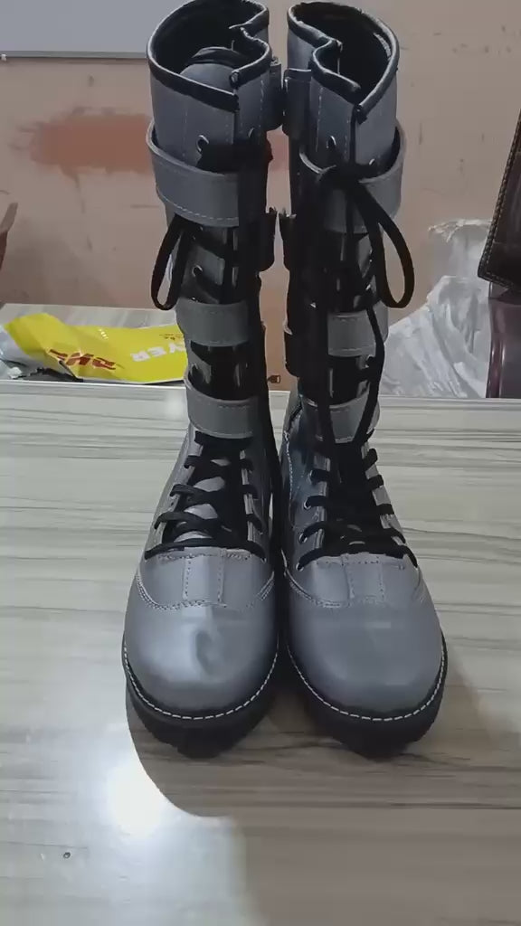 Pro Wrestling Boots, Handmade,  100% Original Leather, Silver Color , Lace up style with straps.