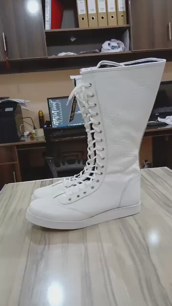 Pro Wrestling Boots, Handmade, 100% Original Leather, White Crocs Pattern, Customizable colors