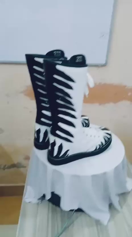 Handmade Zebra Design Wrestling Boots – Black & White Genuine Leather