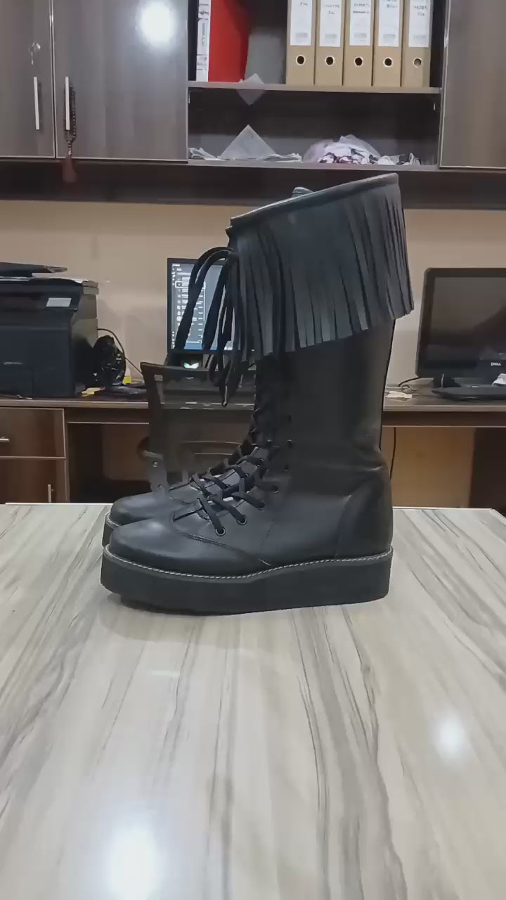 Stoeistewels met leerfranje, handgemaak, 100% oorspronklike leer, swart kleur