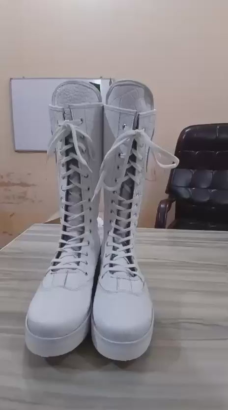Pro Wrestling Boots, Handmade, 100% Original Leather, White Crocs Pattern, Customizable logo