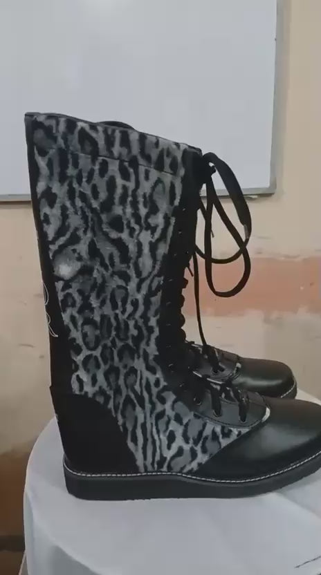 Pro Wrestling Boots Genuine Leather  with White Leopard Print fur