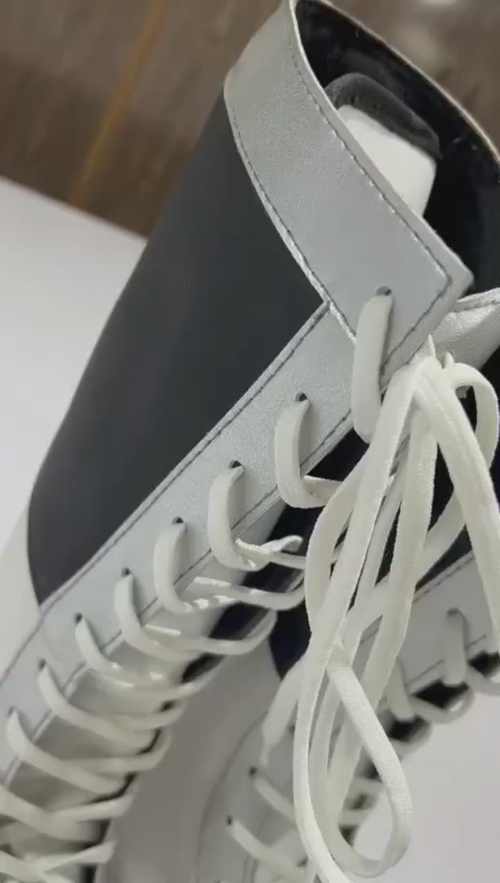 Pro wrestling Long Boots, Handmade, 100% Original Leather, Black white and Silver color, Customizable