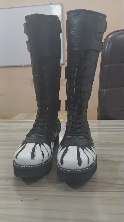 Pro Wrestling Long Boots, Handmade, 100% Original Leather, black Crocs pattern leather , white fire design, zipper with buckles